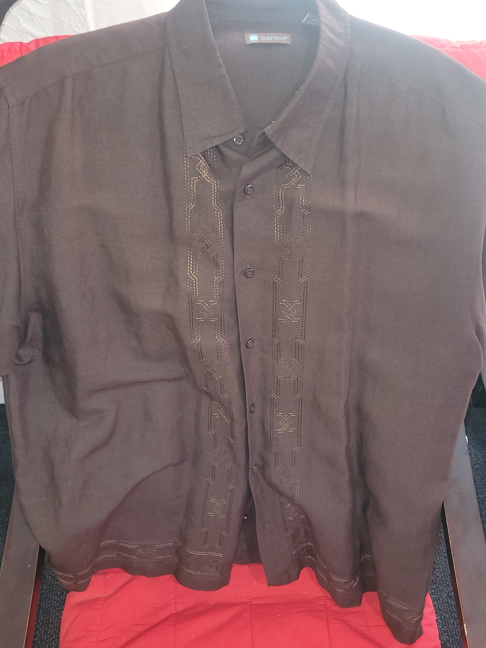 Centro Men's Brown Embroidered Button-Up Shirt